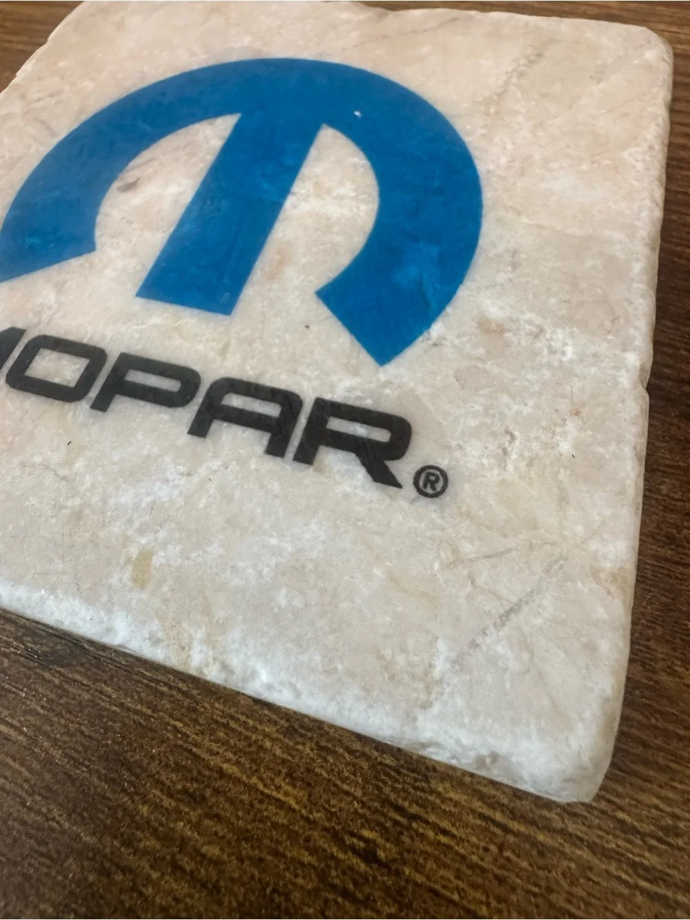 Mopar Stone Coaster Blue Logo Heavy Travertine Marble Garage Man Cave Decor